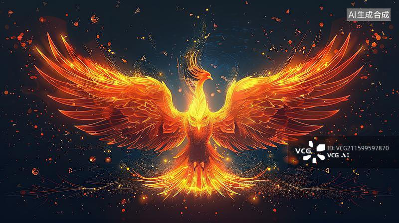 【AI数字艺术】浴火重生的凤凰、涅槃重生凤凰插画  山海神鸟朱雀振翅浴火  火焰中的神话神鸟图片素材