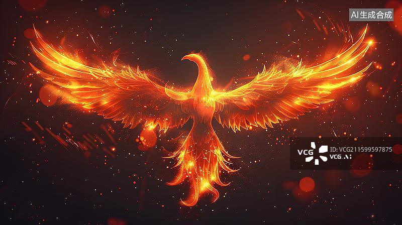 【AI数字艺术】浴火重生的凤凰、涅槃重生凤凰插画  山海神鸟朱雀振翅浴火  火焰中的神话神鸟图片素材