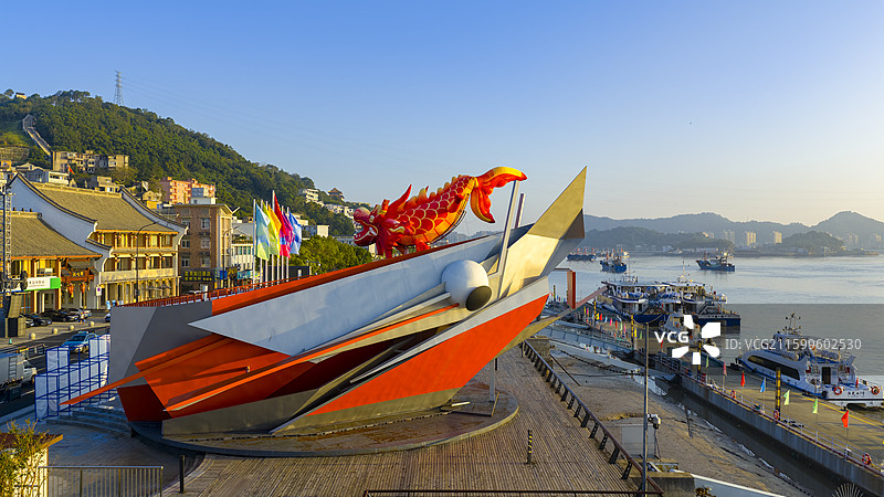 浙江宁波象山石浦渔港古城晨曦航拍图片素材