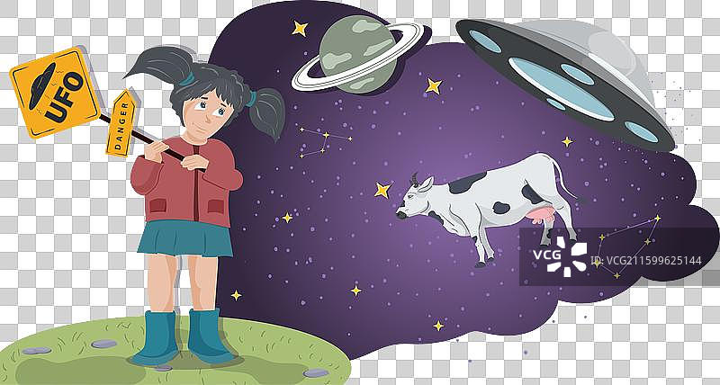 小女孩穿着红色夹克，手里拿着一个警告标志图片素材