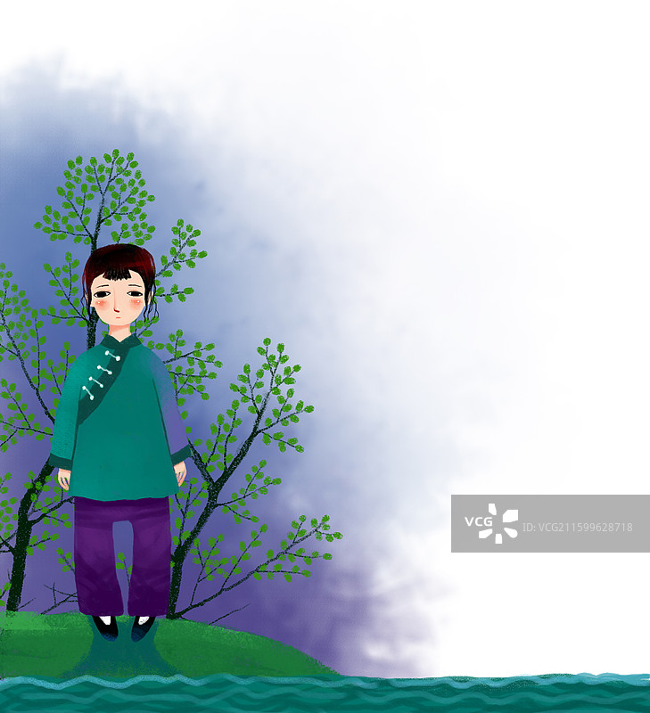 人物插画 儿童插画 站在河边的女子图片素材