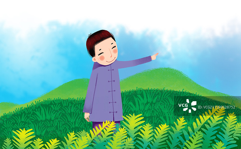 人物插画 儿童插画  站在草地上用手指着远方图片素材