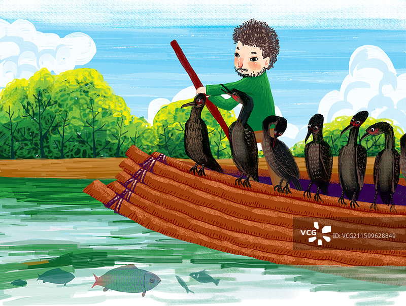 人物插画 儿童插画 渔夫带着一船鸬鹚去捕鱼图片素材