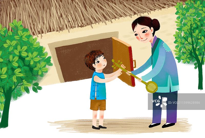 人物插画 儿童插画 妈妈把胡琴递给小男孩图片素材