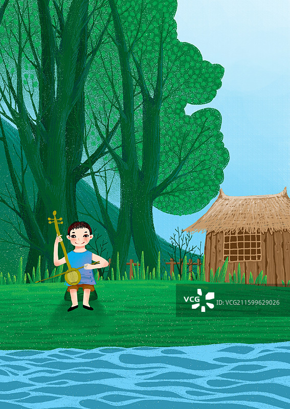 人物插画 儿童插画 坐在河边拉胡琴的男孩图片素材