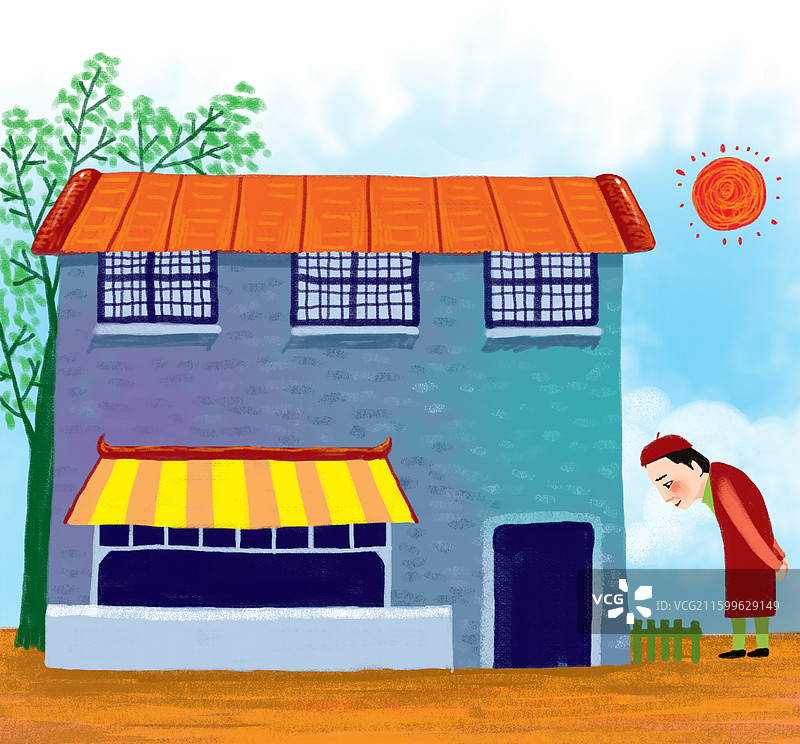 人物插画 儿童插画 在门前弯腰低头的人图片素材