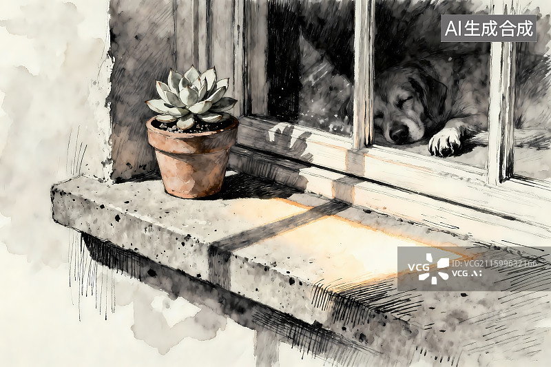 【AI数字艺术】下午安静，水彩手绘窗台，狗狗慵懒，多肉静立，光影交织，呈午后安静诗意，适配诗签配图意境。图片素材