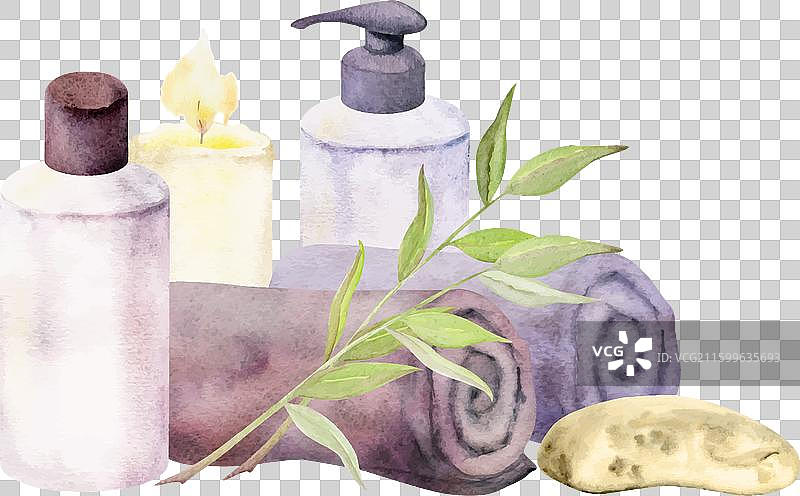 手绘水彩风格的温泉护肤毛巾浴巾图片素材