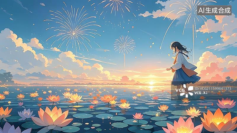 【AI数字艺术】春节节日喜庆庆祝古风烟花荷花花灯庆祝装饰边框背景图片素材