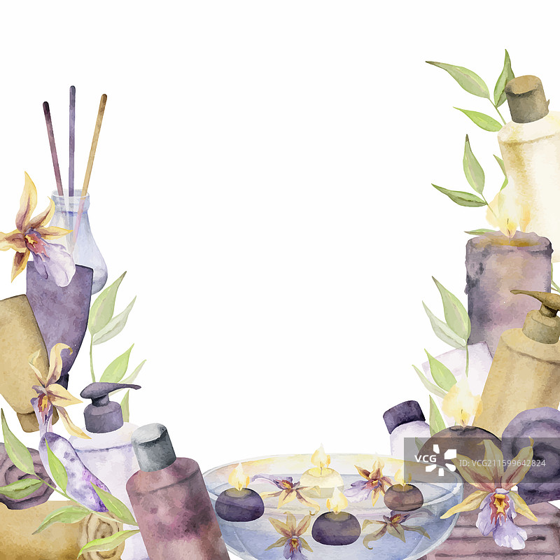 手绘水彩风格的温泉、护肤、沐浴和美容主题图片素材