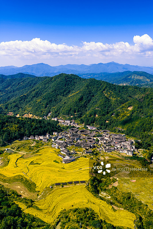 初溪土楼群晒秋福建永定土楼全景航拍高质量图片素材