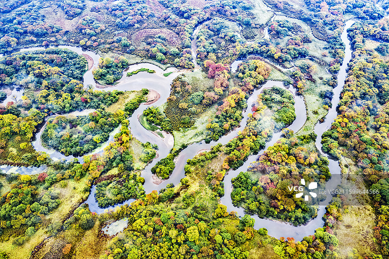 秋季，无人机航拍吉林省延边朝鲜族自治州敦化市大石头林业局沙河湿地秋季像龙一样的自然风光。图片素材
