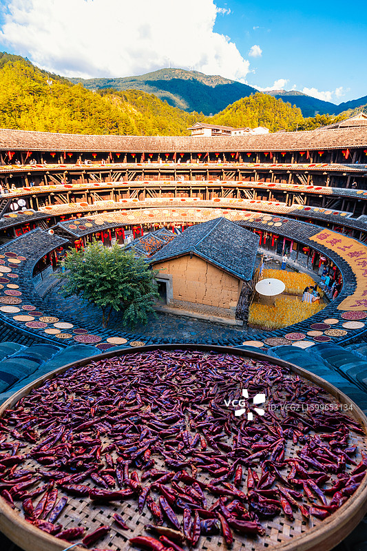 初溪土楼群晒秋福建永定土楼全景航拍高质量图片素材