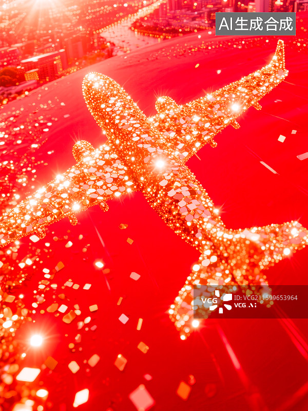 【AI数字艺术】飞机抽象金色粒子光斑璀璨闪耀城市建筑烟花喜庆热闹庆祝新年春节国庆节中秋节春运返乡回家复工航空公司广告图片素材