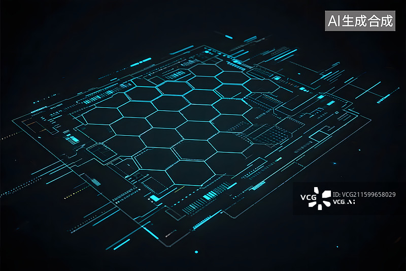 【AI数字艺术】科技感十足的六边形网格与数据线条图片素材