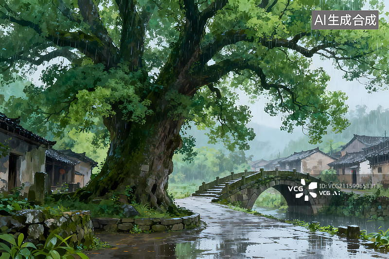 【AI数字艺术】中国传统农村古树石桥水墨图片素材