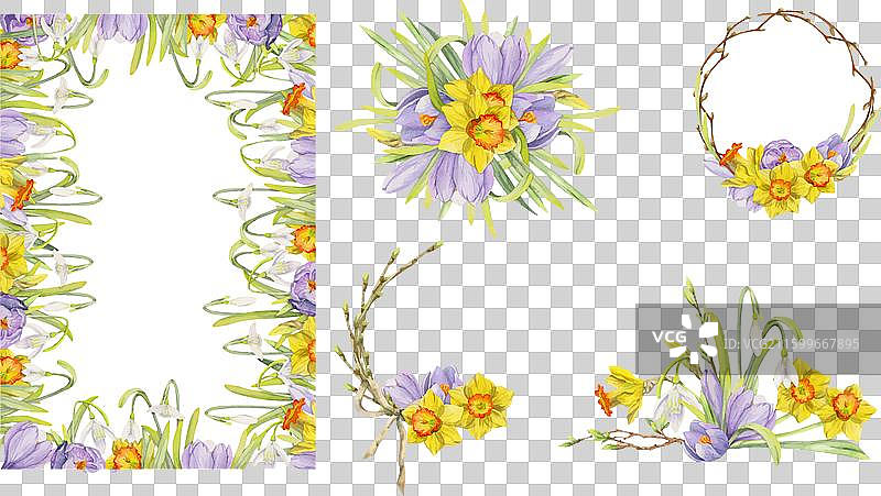 手绘水彩风格的春季组合插画图片素材