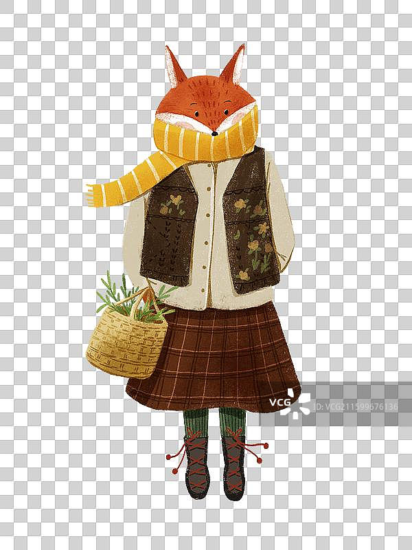 戴着黄色围巾的狐狸提着篮子图片素材