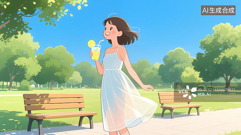 【AI数字艺术】绿树下少女手持风筝图片素材