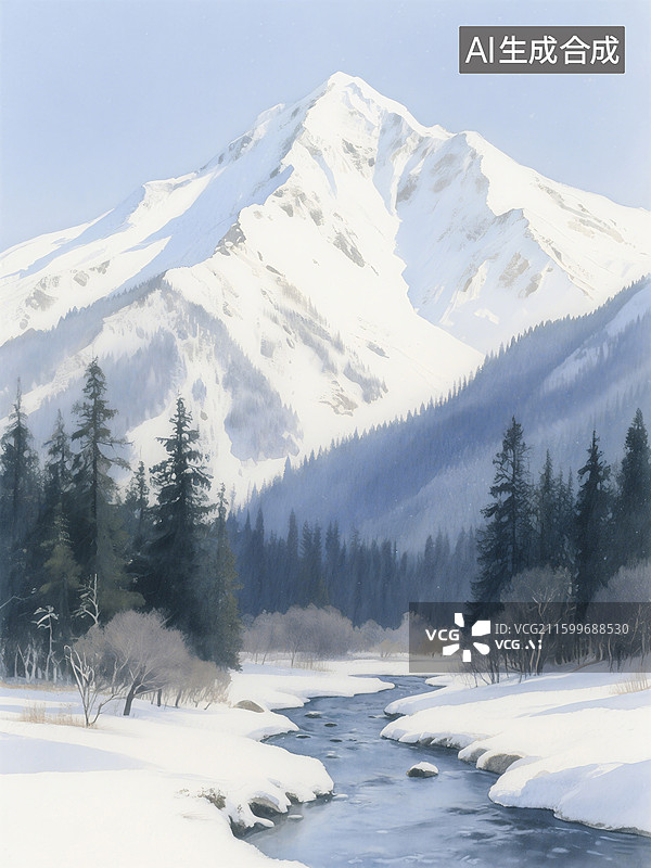 【AI数字艺术】雪山巍峨耸立，森林覆盖雪地，河流蜿蜒流淌，景色宁静壮丽图片素材