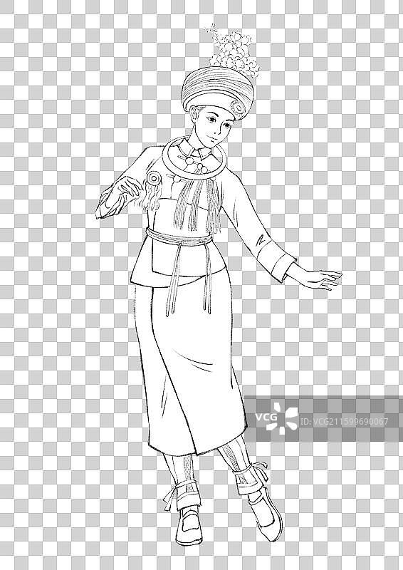 56民族，云南少数民族阿昌族，筚朗叨，线稿。图片素材