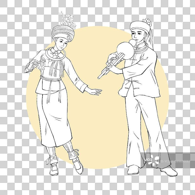 56民族，云南少数民族阿昌族，筚朗叨，线稿。图片素材