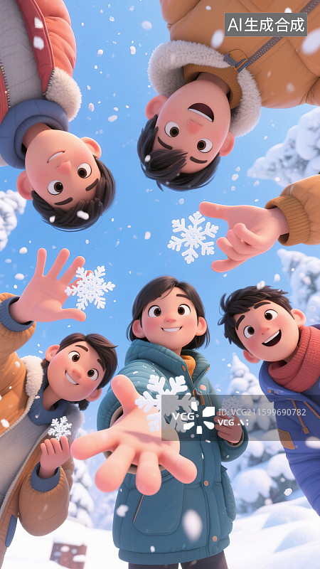 【AI数字艺术】大学生年轻人朋友放寒假聚会冬季户外活动伸手拿雪花玩耍快乐鱼眼镜头超广角大透视构图3D卡通三维创意插画图片素材