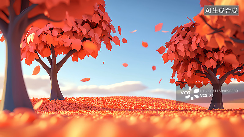 【AI数字艺术】公园红色枫叶树林卡通秋天风景插画图片素材