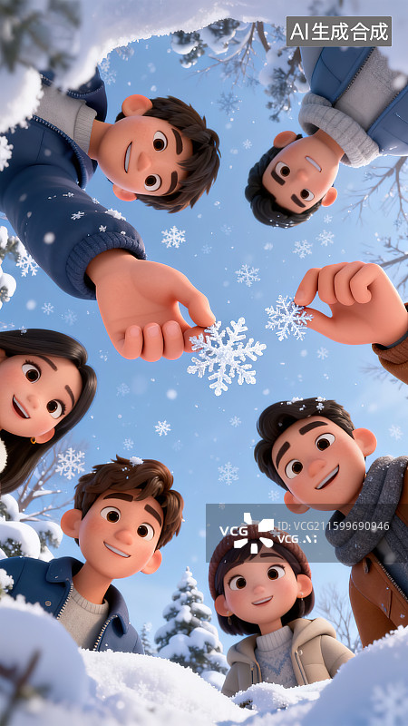 【AI数字艺术】大学生年轻人朋友放寒假聚会冬季户外活动伸手拿雪花玩耍快乐鱼眼镜头超广角大透视构图3D卡通三维创意插画图片素材
