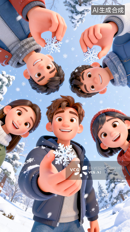 【AI数字艺术】大学生年轻人朋友放寒假聚会冬季户外活动伸手拿雪花玩耍快乐鱼眼镜头超广角大透视构图3D卡通三维创意插画图片素材