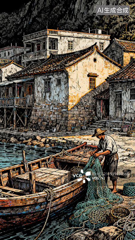【AI数字艺术】极繁主义复古风渔岛人家图片素材
