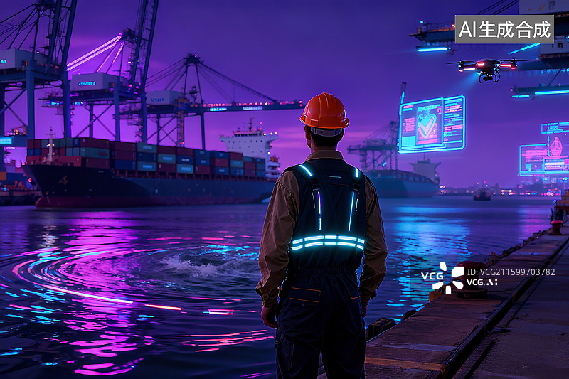 【AI数字艺术】码头工人和集装箱货轮 科幻场景 赛博朋克 航运货运 国际物流 贸易战 关税海关 进口出口 无人机图片素材