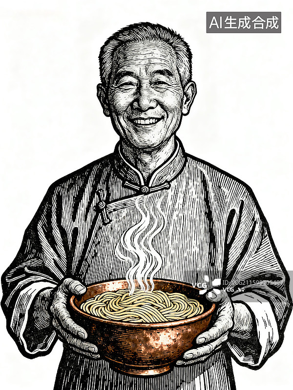 【AI数字艺术】手捧拉面的老人家手绘插画图片素材