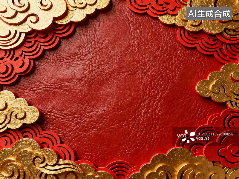 【AI数字艺术】红色皮革背景配金色云纹装饰图片素材