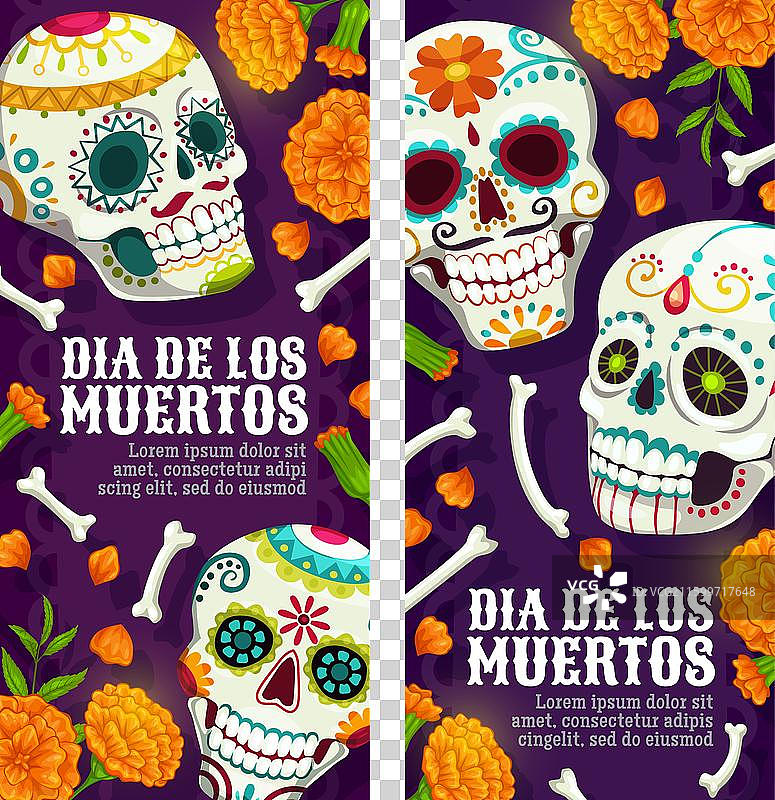 骷髅糖饼和万寿菊花朵旗帜图片素材