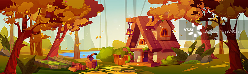 秋日湖畔森林中的舒适小屋图片素材