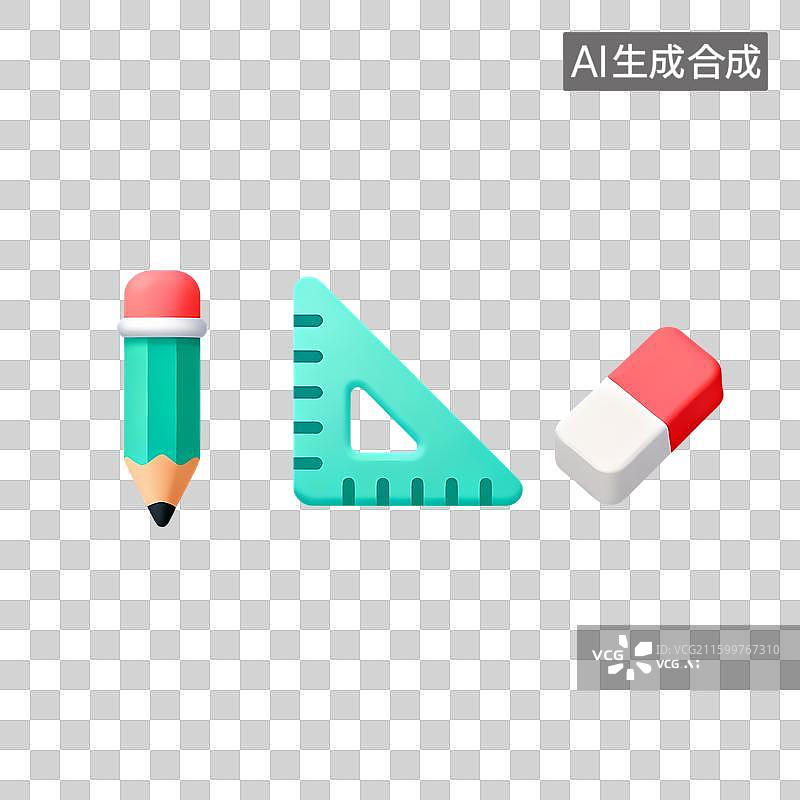 【AI数字艺术】文具图标：铅笔、三角尺和橡皮图片素材