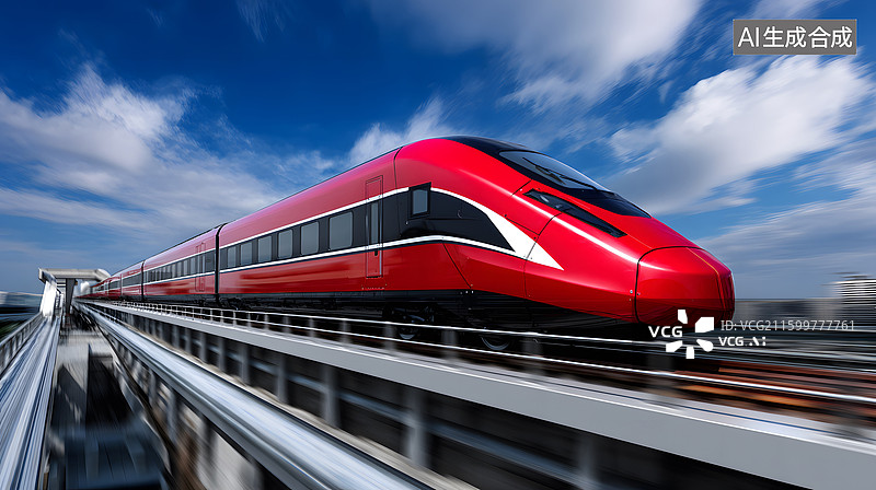 【AI数字艺术】红色高铁列车飞驰蓝天白云间图片素材