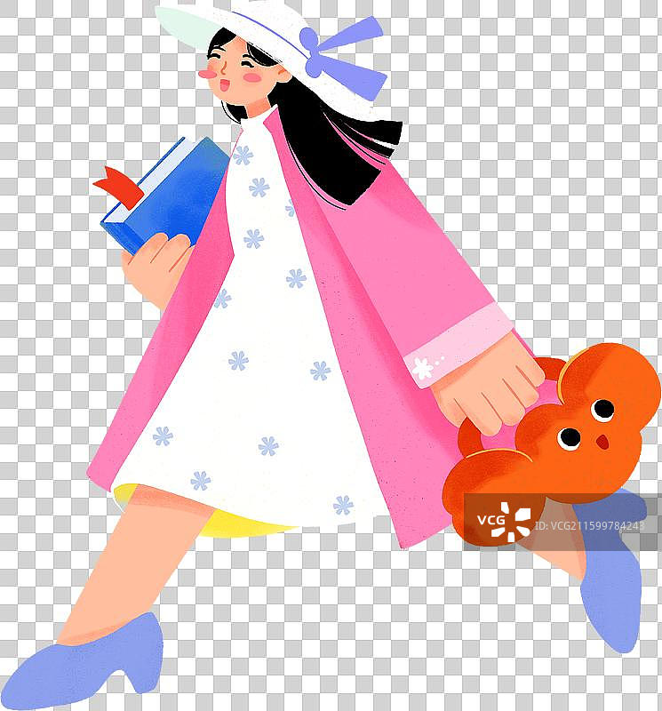 穿时尚粉色衣服少女拿着书本手提包散步插画图片素材