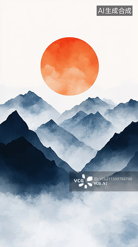 【AI数字艺术】橙日映山雾图片素材