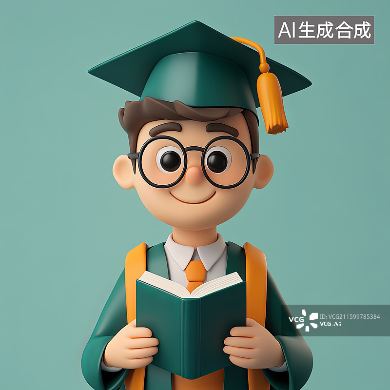 【AI数字艺术】戴学士帽的学生手持书本图片素材