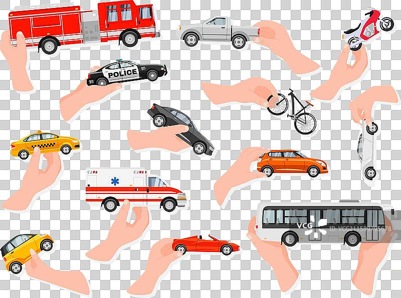 一双人手握着不同的汽车玩具，玩着汽车游戏图片素材