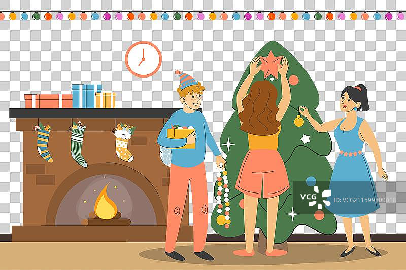 朋友们一起装饰圣诞树图片素材