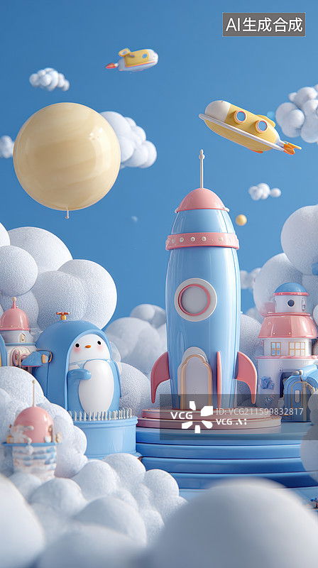 【AI数字艺术】卡通火箭云朵天空场景图片素材