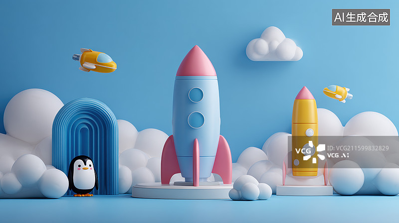 【AI数字艺术】卡通火箭与企鹅的梦幻场景图片素材