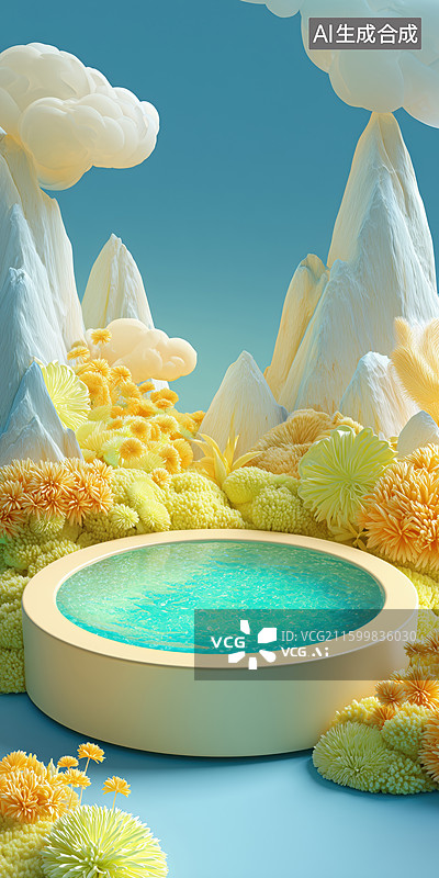 【AI数字艺术】阳光明亮山谷树林间圆型石质水池温泉3D卡通立体背景插画图片素材