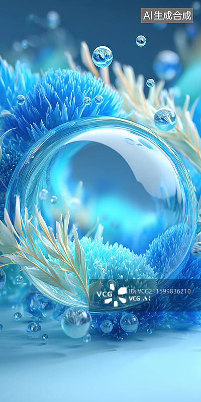 【AI数字艺术】美容精油清新治愈的蓝色背景花卉水滴3D卡通立体插画图片素材