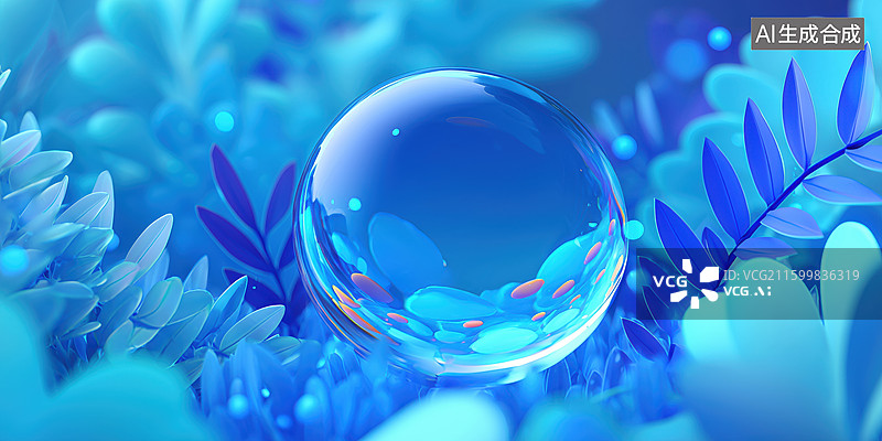 【AI数字艺术】美容精油清新治愈的蓝色背景花卉水滴3D卡通立体插画图片素材
