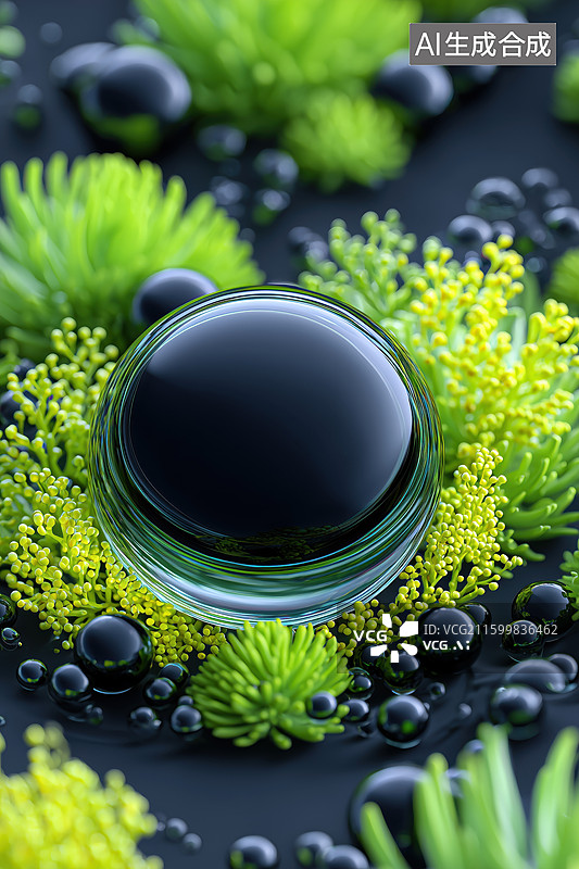 【AI数字艺术】美容保湿清新神秘的黑背景绿色植物间的水滴3D卡通立体插画图片素材