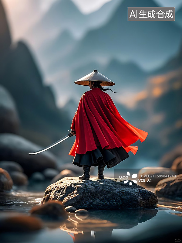 【AI数字艺术】红衣武士山间独行图片素材
